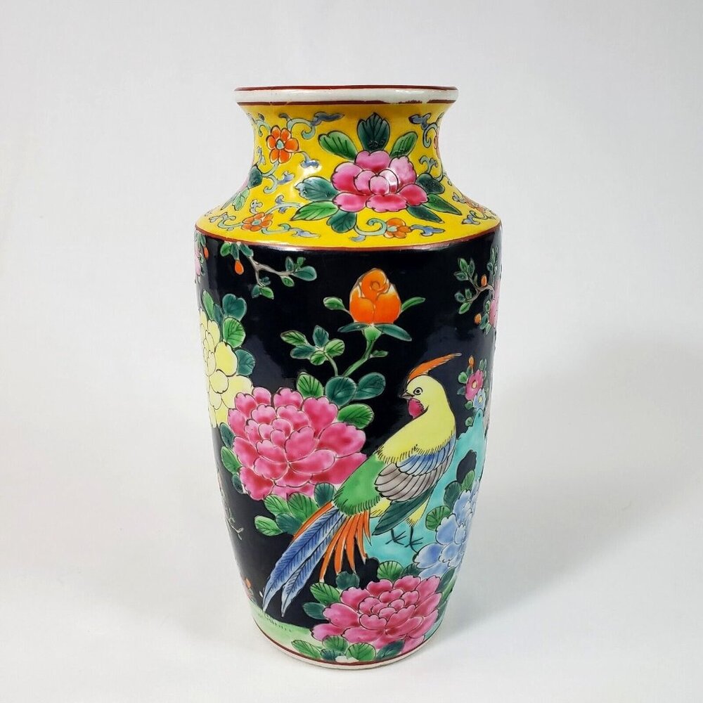 Black Enamel Porcelain Vase 8” Birds  Flowers Japan